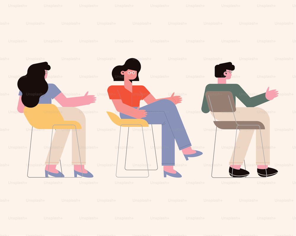 Cartoni animati di donne e uomini su sedie su priorità bassa bianca