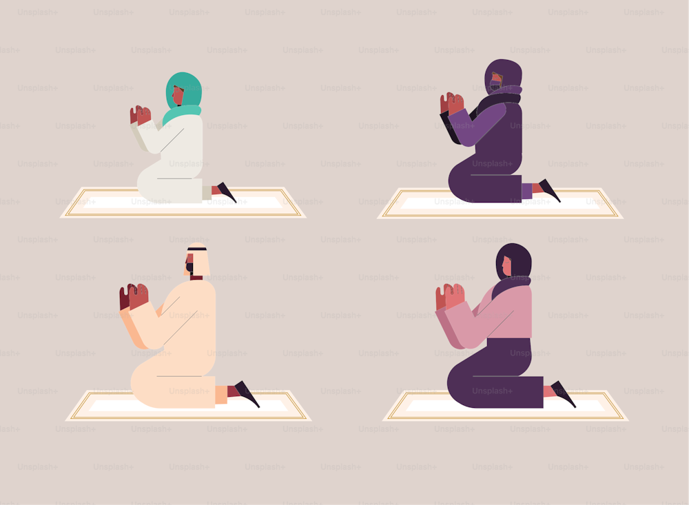 four muslim culture persons praying characters