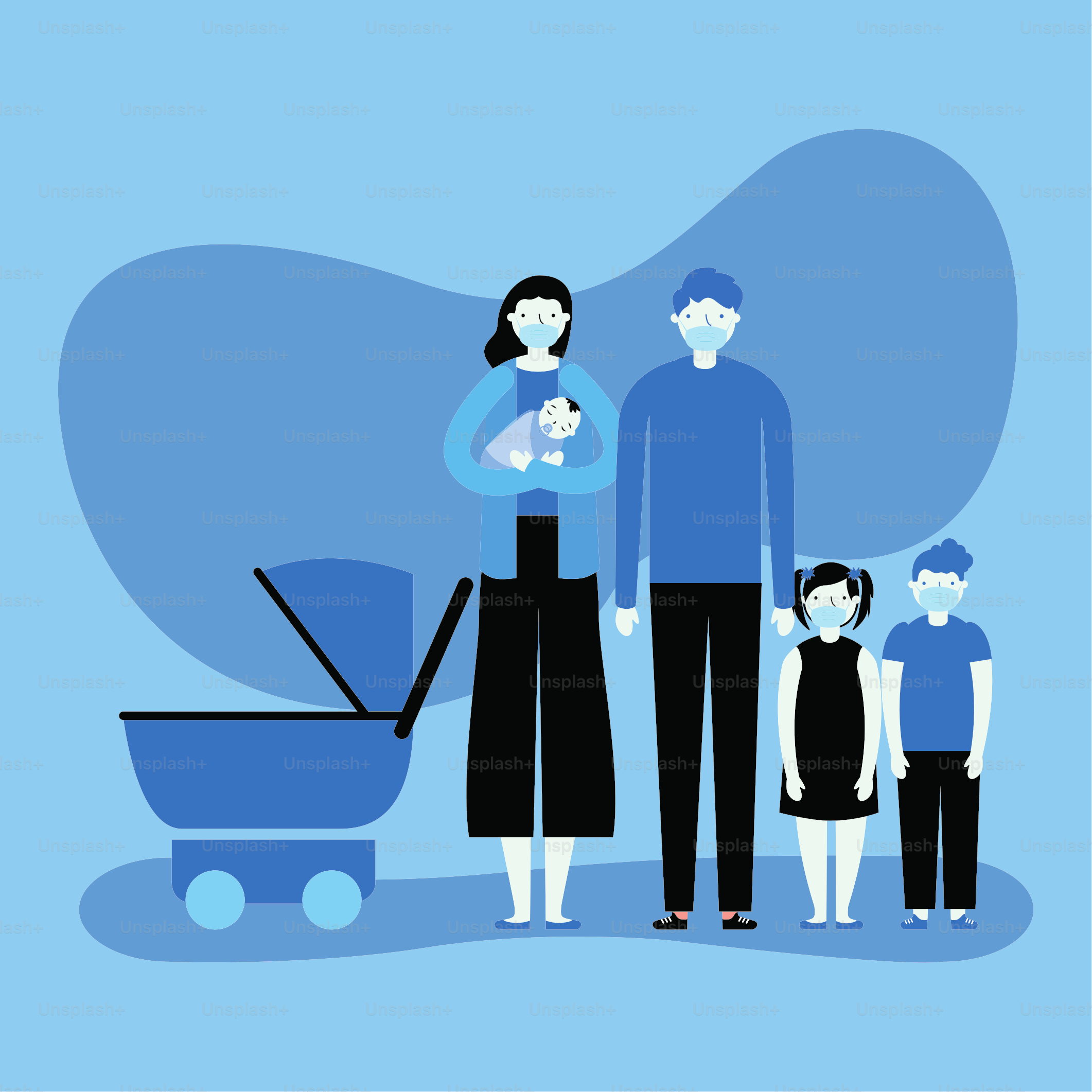 family wearing medical mask characters vector illustration design
