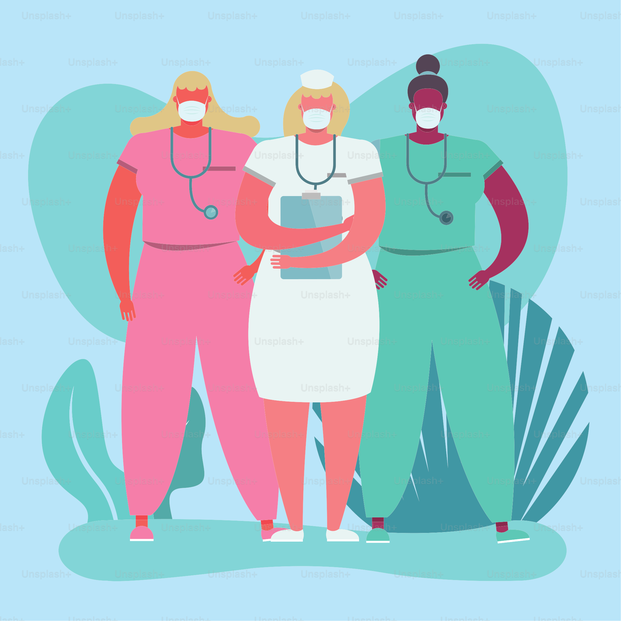 young female medical staff wearing medical masks characters vector illustration design