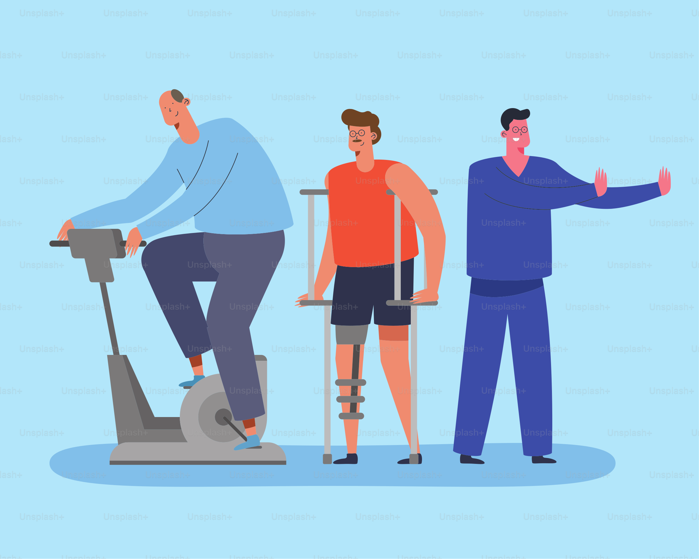 male physiotherapy patients and therapist characters