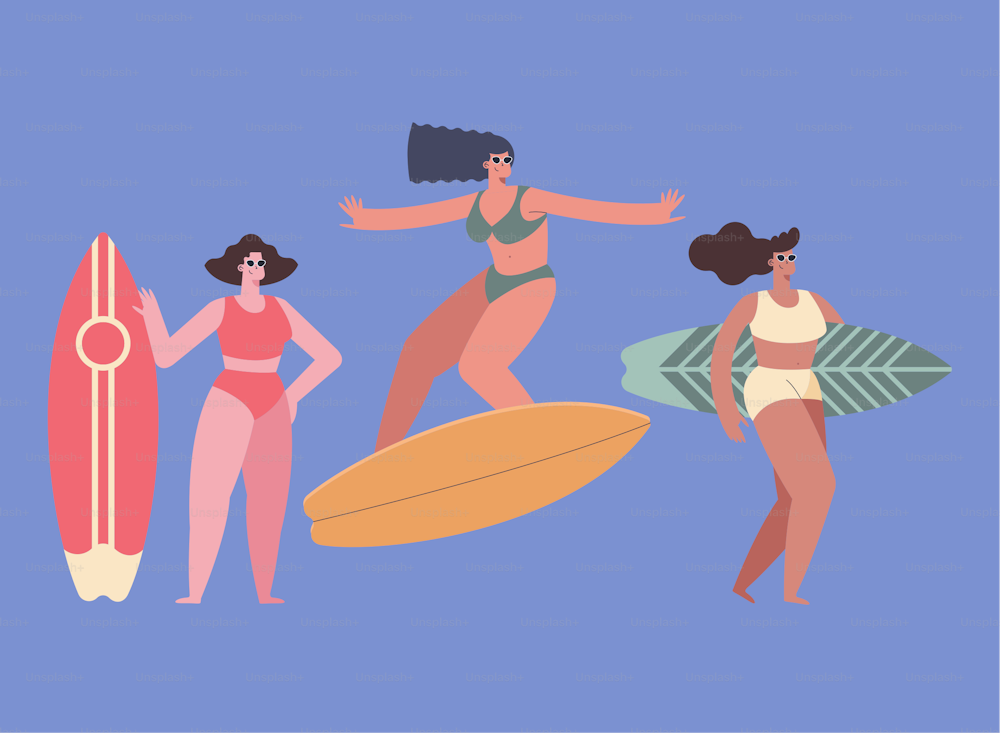 女性サーファースポーツキャラクターグループ