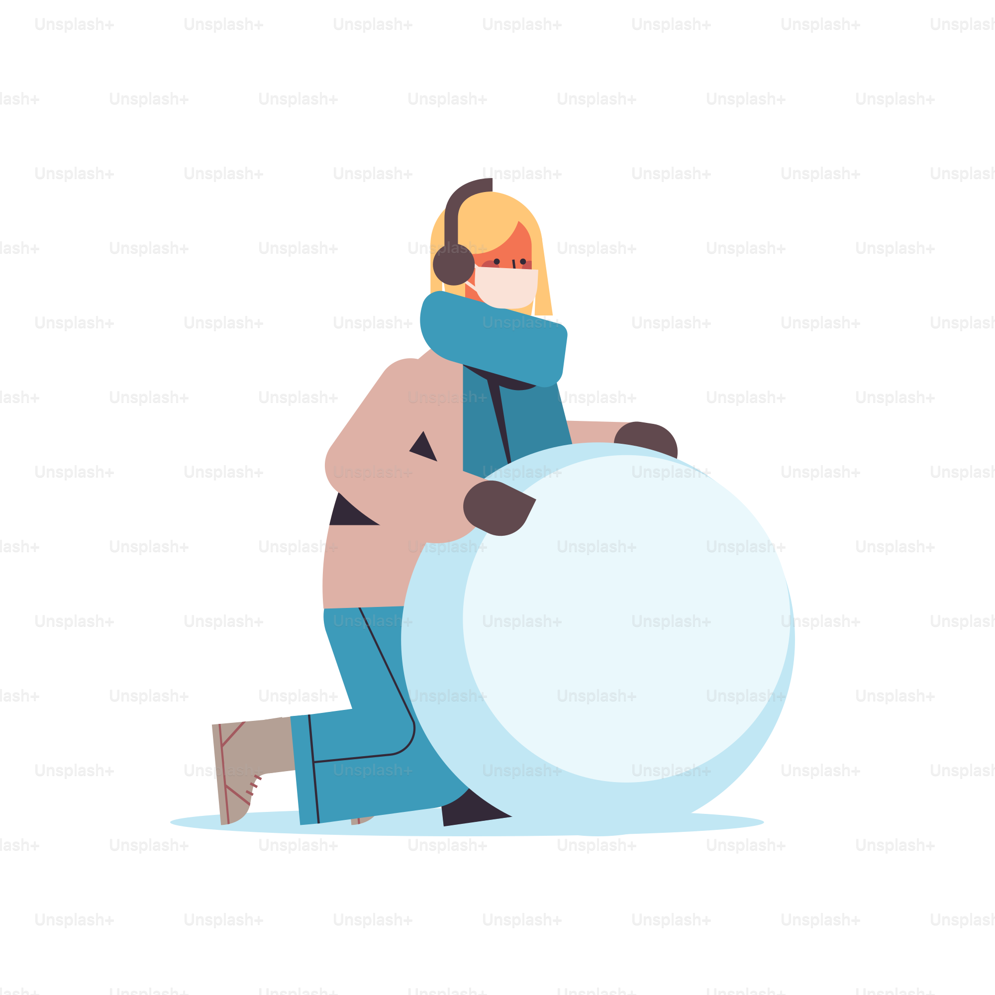 woman in mask making big snowball for snowman girl having winter fun outdoors activities coronavirus quarantine concept full length vector illustration