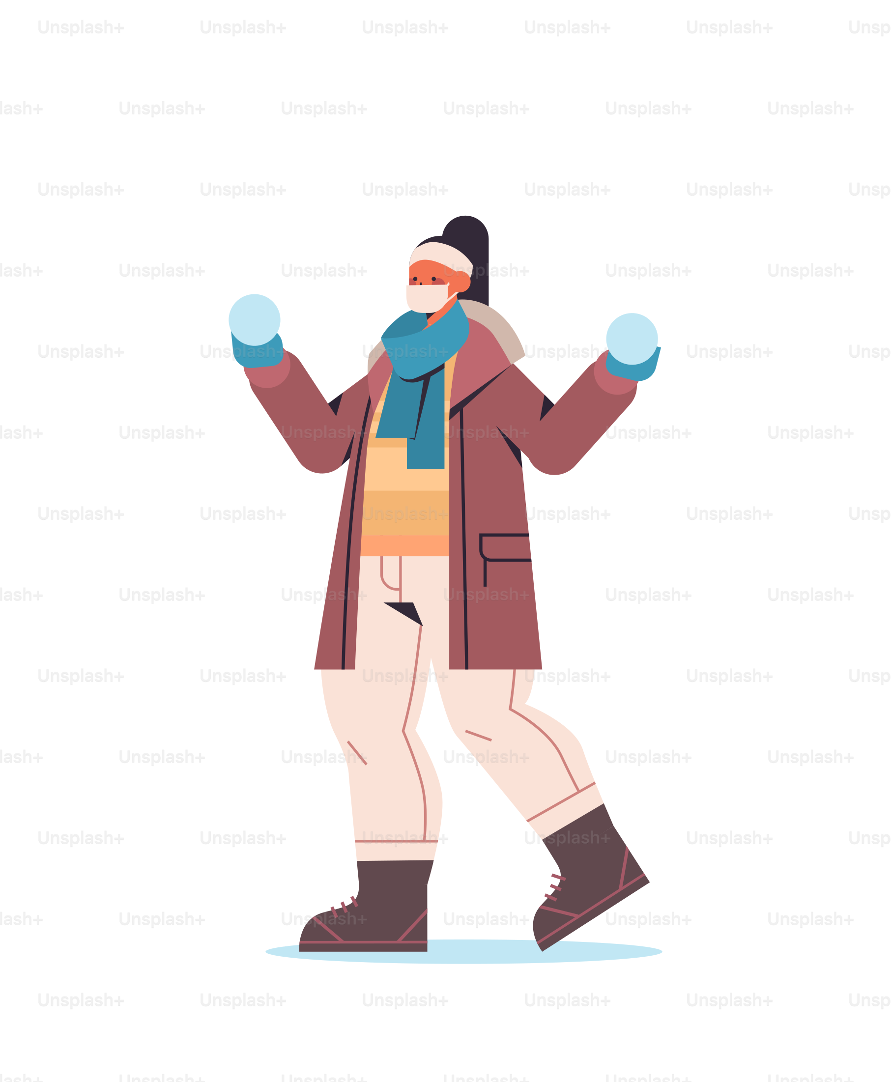 girl in mask holding snowballs woman having winter fun outdoors activities coronavirus quarantine concept full length vertical vector illustration
