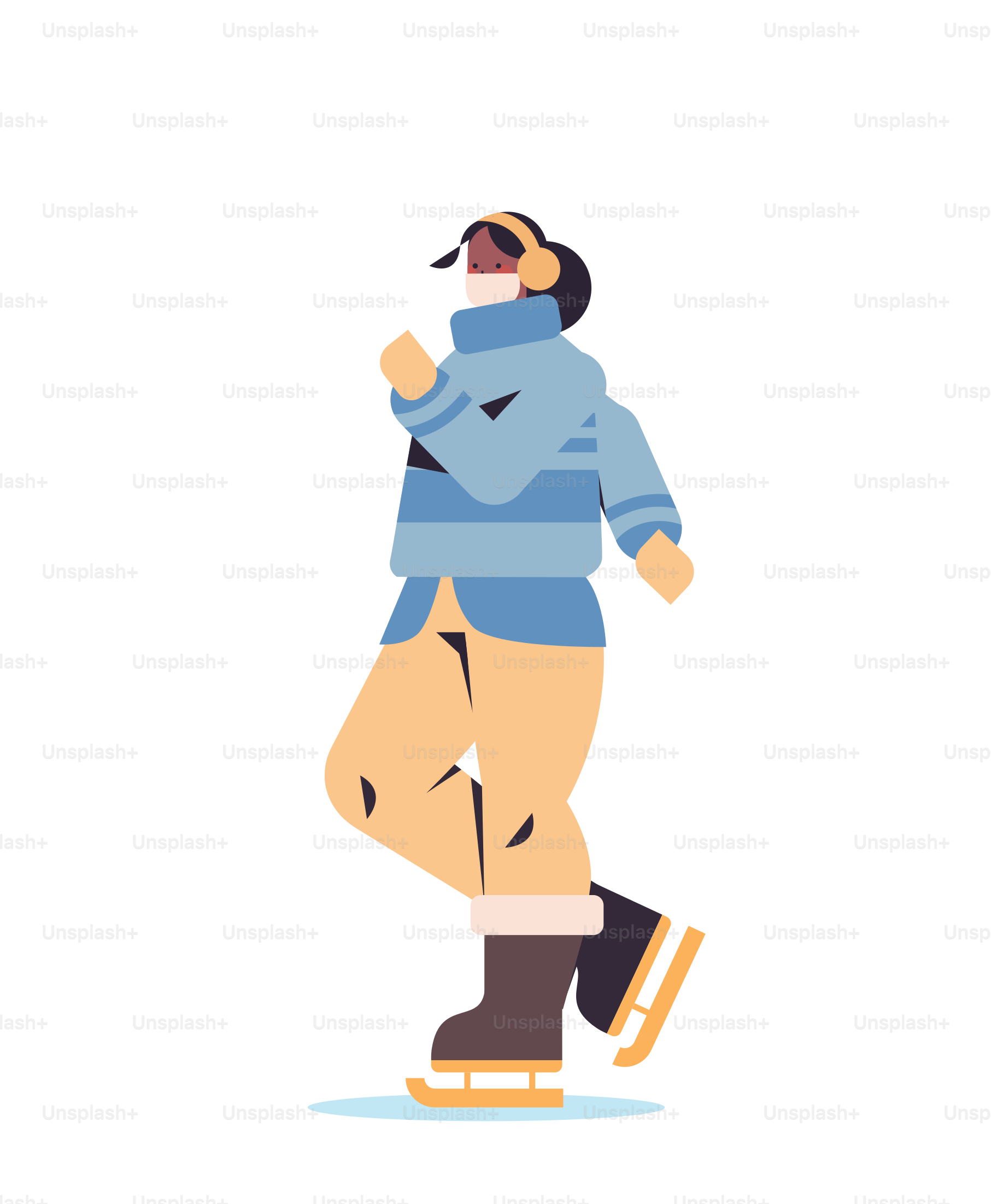 woman in mask skating on ice rink african american girl having winter fun outdoors activities coronavirus quarantine concept full length vertical vector illustration