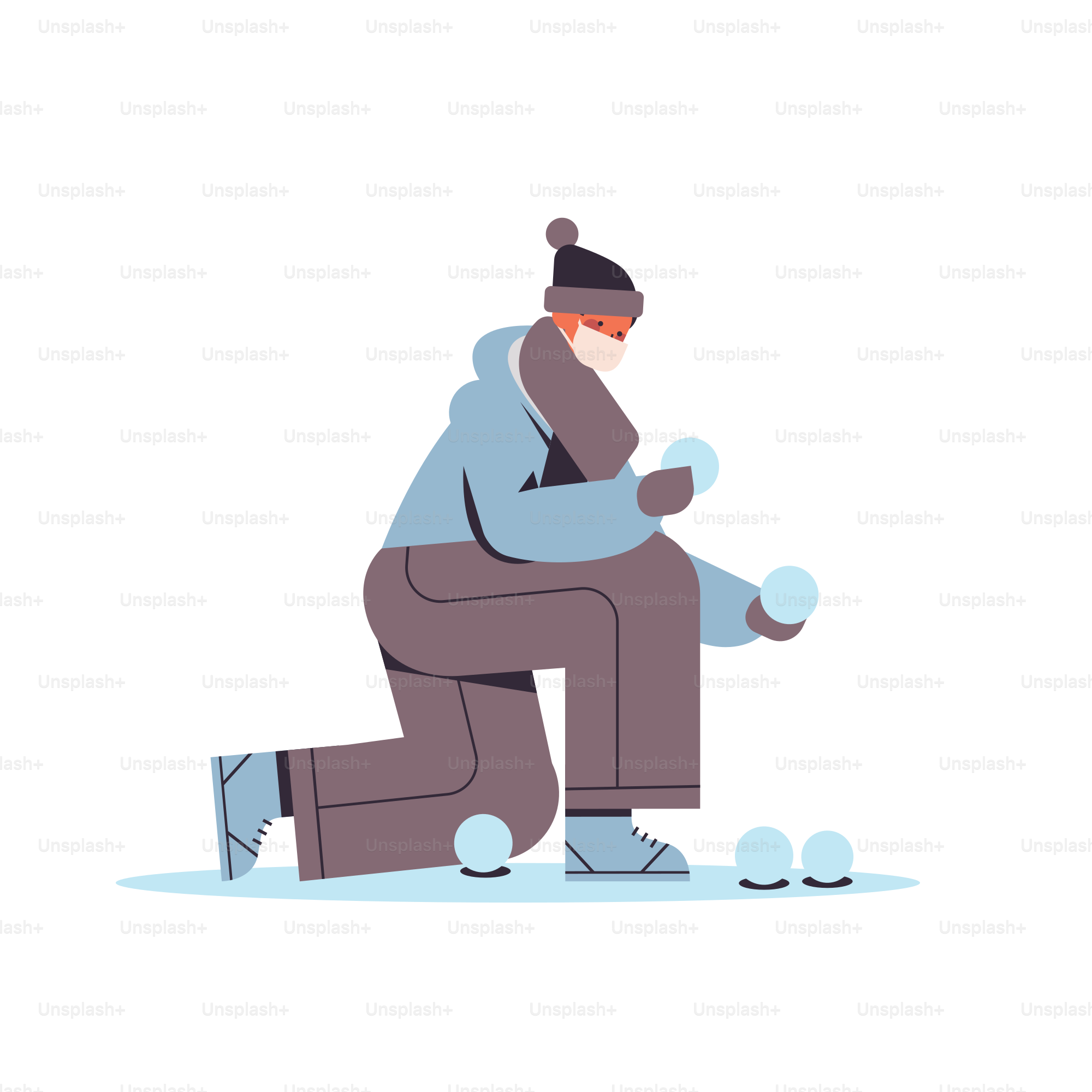 guy in mask making snowballs boy having winter fun outdoors activities coronavirus quarantine concept full length vector illustration