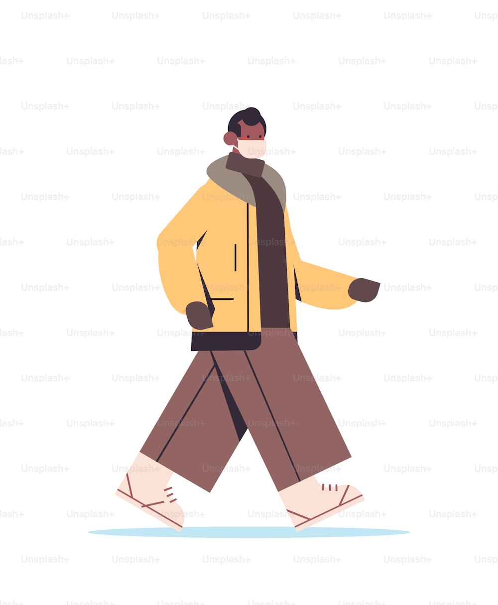 guy in mask walking outdoor man having winter fun outdoors activities coronavirus quarantine concept full length vertical vector illustration