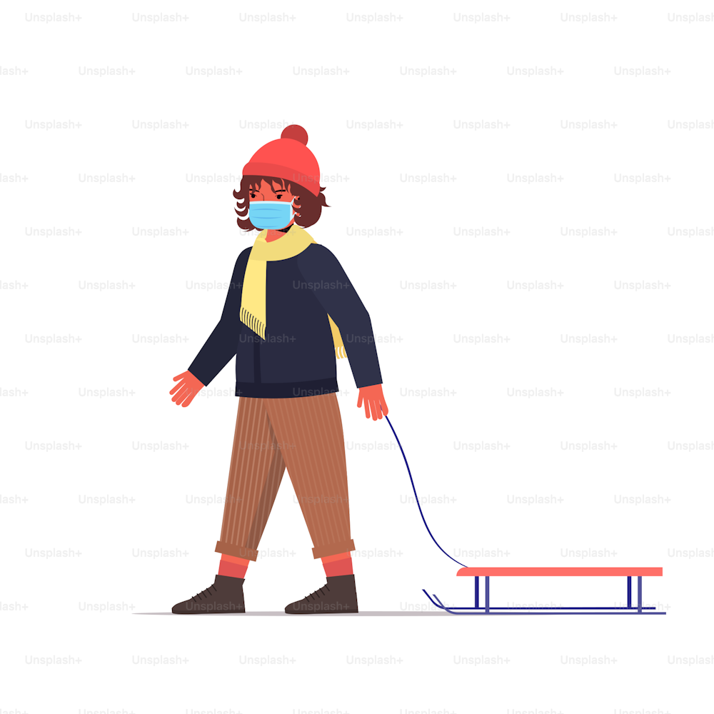 child in mask standing with sledge little boy having winter fun coronavirus quarantine concept full length vector illustration