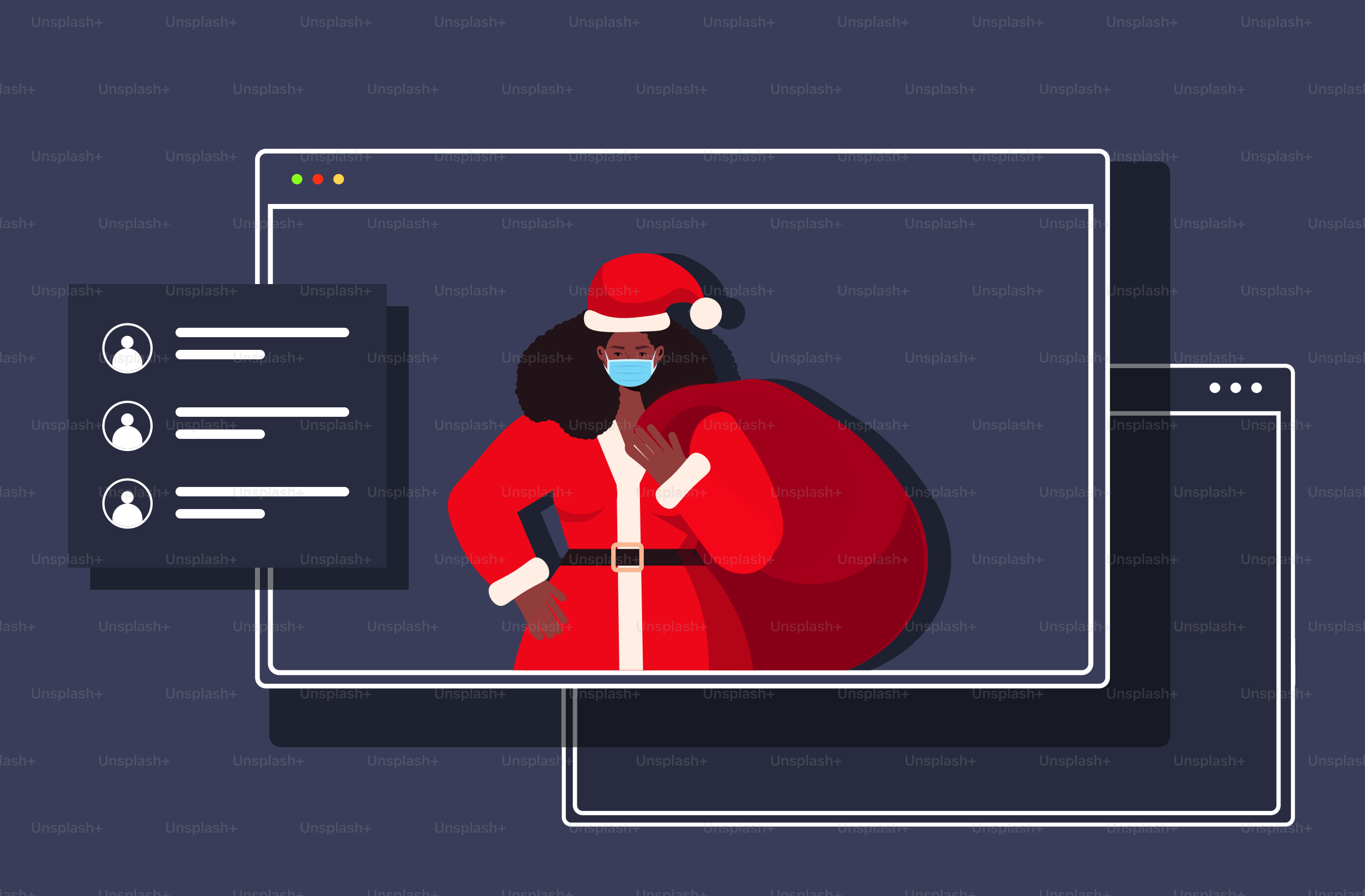 Mulher Papai Noel afro-americana de máscara segurando saco de Ano Novo Celebração de Natal Coronavírus Quarentena Online Conceito de Comunicação do Navegador Web Retrato da Janela Ilustração Vetorial Horizontal