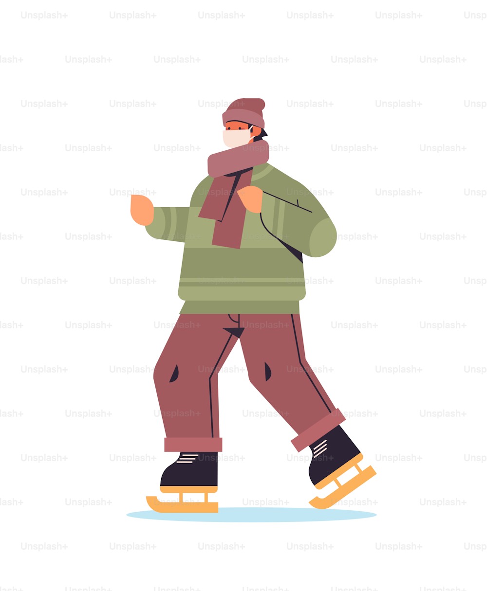 man in mask skating on ice rink guy having winter fun outdoors activities coronavirus quarantine concept full length vertical vector illustration
