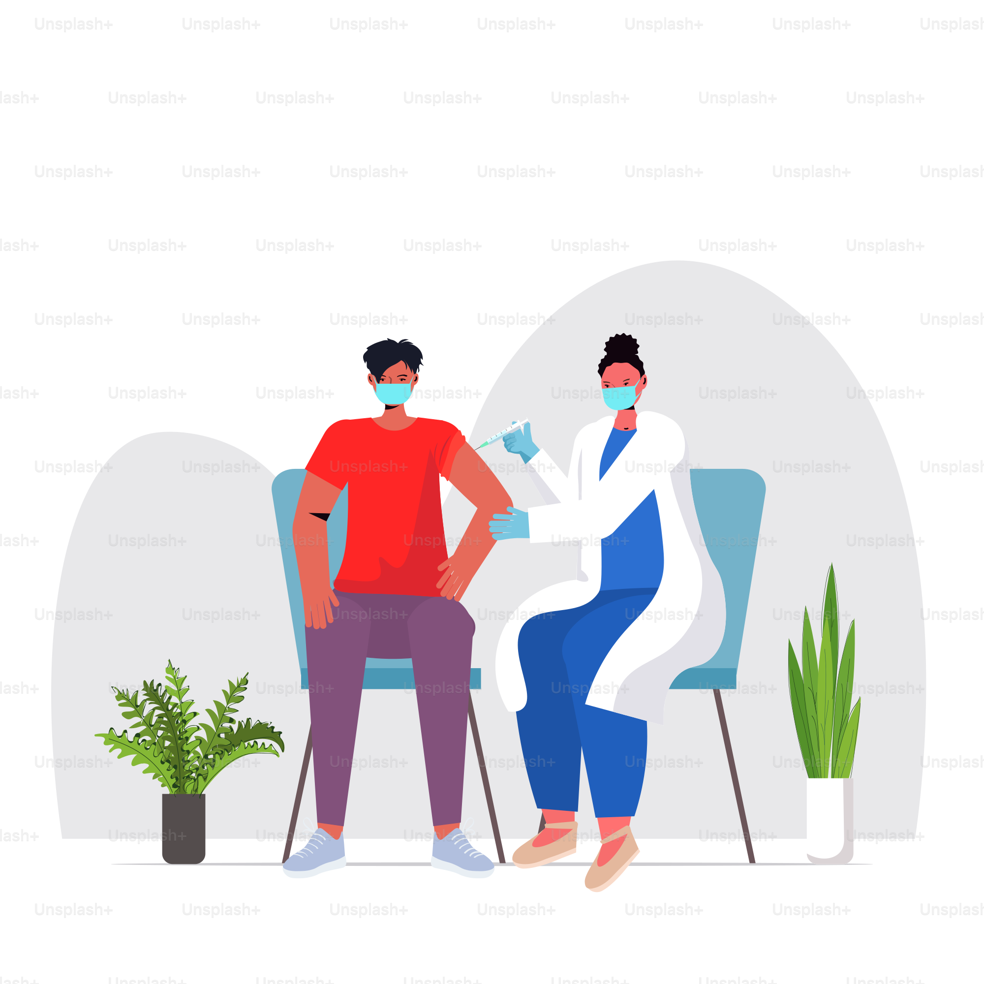 female doctor in mask vaccinating male patient fight against coronavirus vaccine development concept full length vector illustration