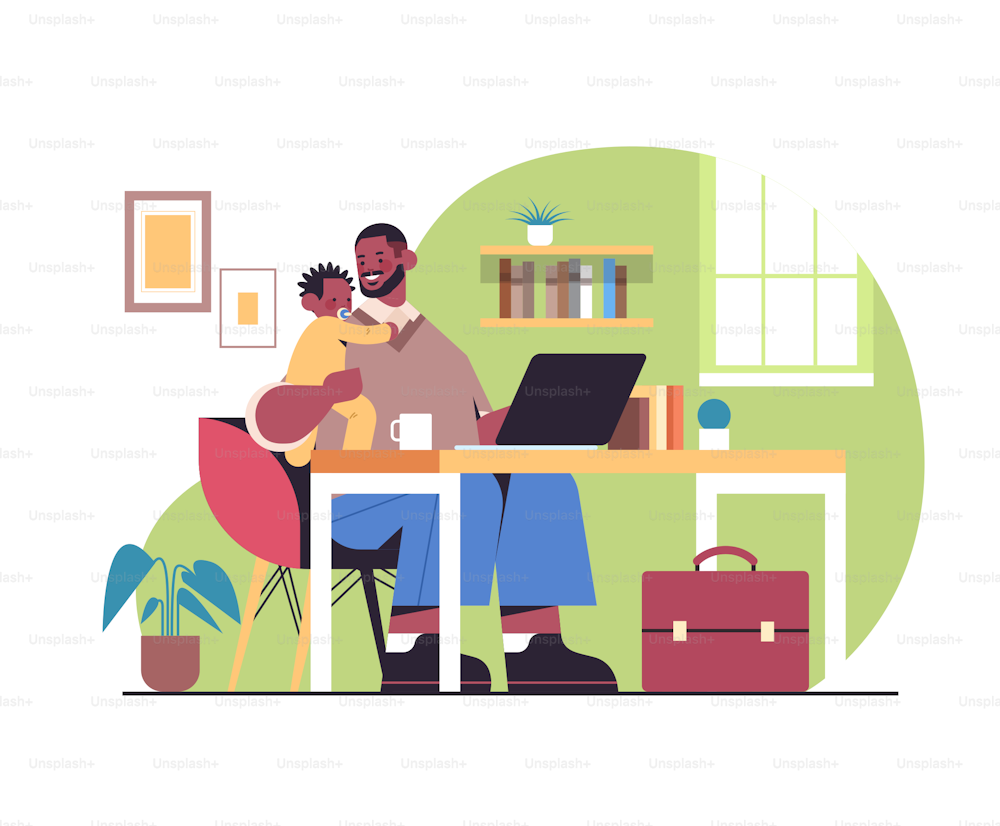 african american father sitting at workplace with little son fatherhood parenting concept dad spending time with his kid at home living room interior horizontal full length vector illustration