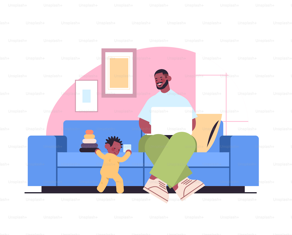 african american father playing with little son and using laptop fatherhood parenting concept dad spending time with his kid at home living room interior full length horizontal vector illustration
