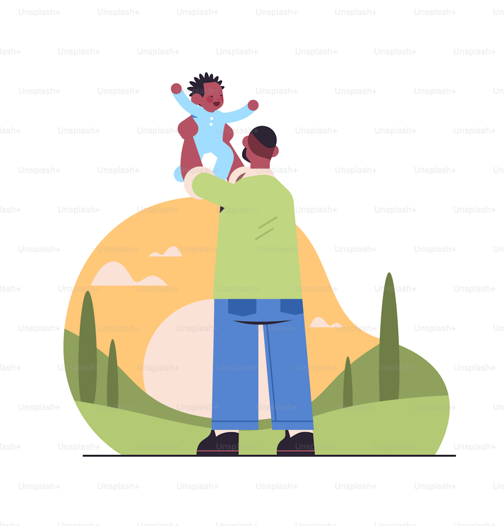 african american father holding little son fatherhood parenting concept dad walking outdoor with his kid landscape background full length vector illustration