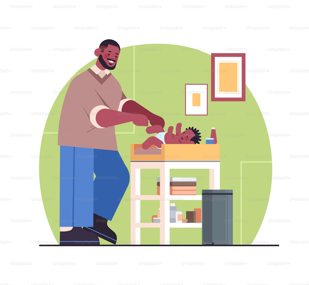 african american father changing diaper to his little son fatherhood parenting concept dad spending time with his baby at home full length vector illustration