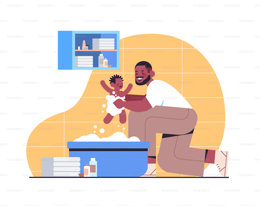 Padre afroamericano bañando a su hijo pequeño en una bañera pequeña Paternidad Concepto de crianza Padre pasando tiempo con el bebé en casa Ilustración vectorial horizontal de cuerpo entero