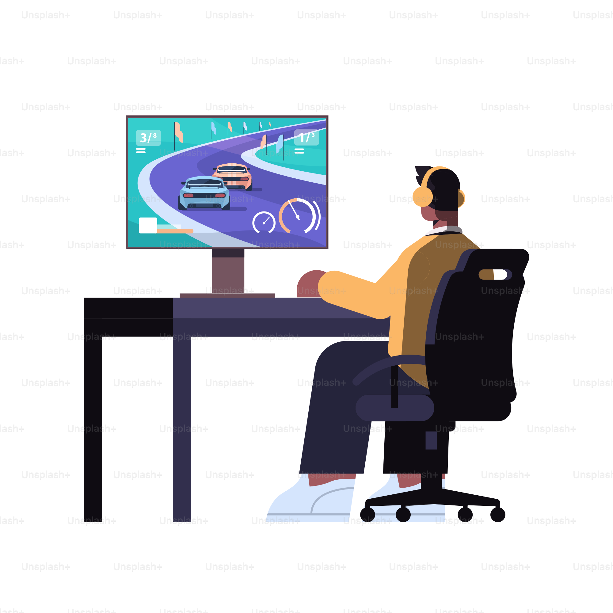 professional virtual gamer playing online video game on his personal computer cyber sportsman in headphones cybersport concept full length vector illustration