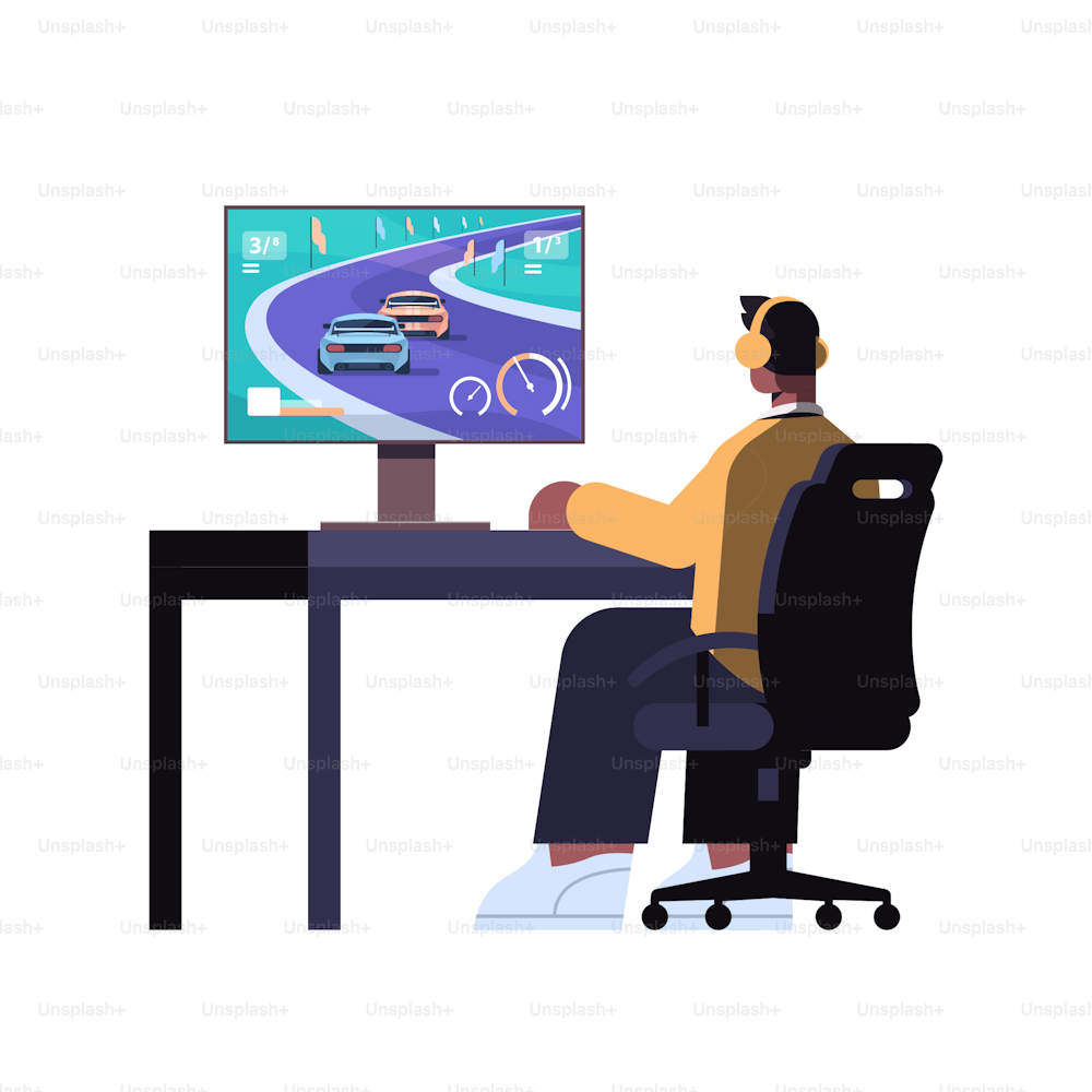 Jugador virtual profesional jugando videojuego en línea en su computadora personal Cyber Sportsman en auriculares Cybersport Concept Ilustración vectorial de longitud completa