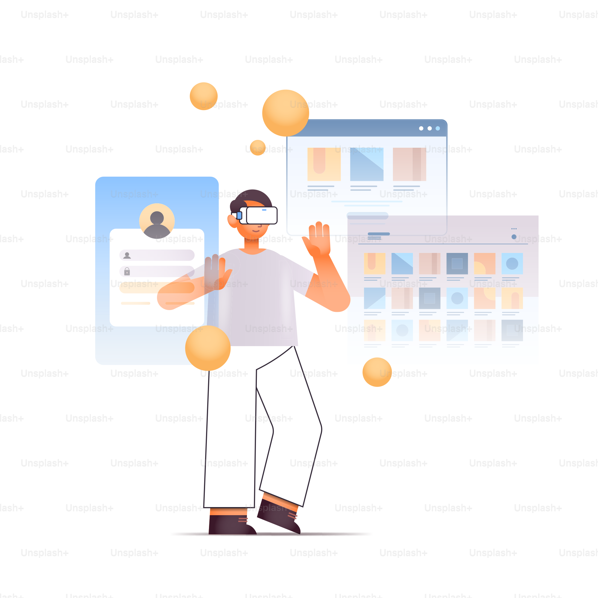 man in digital glasses using computer interface virtual reality technology concept full length isolated vector illustration