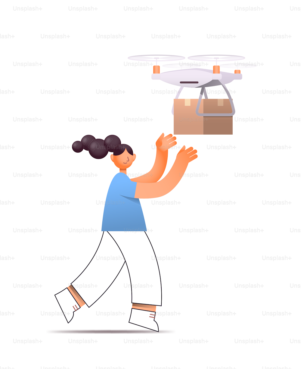 quadrotor delivering cardboard box to woman automated drone delivery service concept customer receiving parcel delivered by quadcopter full length vertical isolated vector illustration