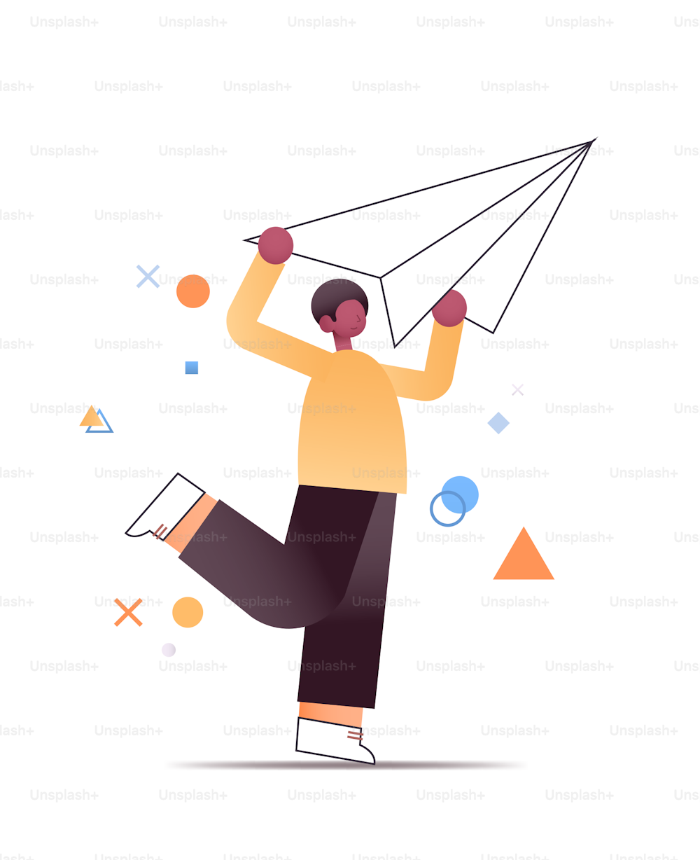 Hombre afroamericano sosteniendo un avión de papel Proyecto empresarial Puesta en marcha Desarrollo Lanzamiento de nuevo concepto de producto de longitud completa Ilustración vectorial vertical aislada