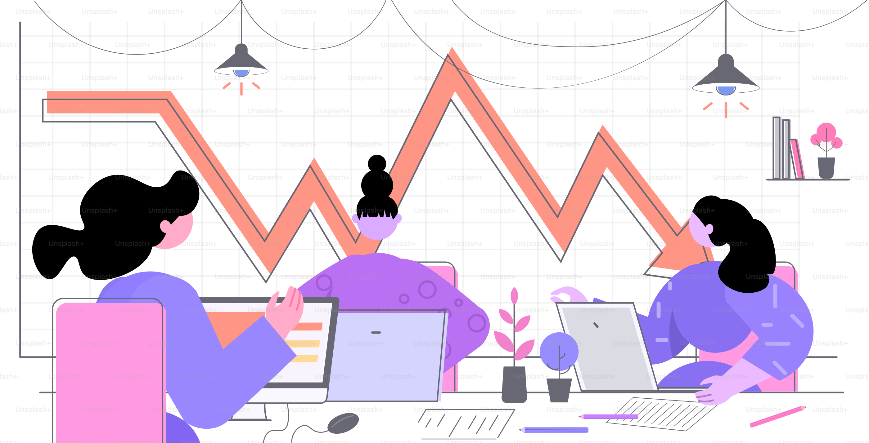 Mujeres de negocios usando un portátil analizando flecha roja hacia abajo análisis de datos de gráficos crisis financiera recesión pérdida de beneficios concepto de retrato ilustración vectorial horizontal