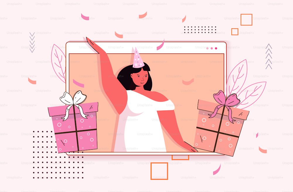 woman celebrating online birthday party girl in computer window with wrapped gift boxes celebration self isolation quarantine concept portrait horizontal vector illustration
