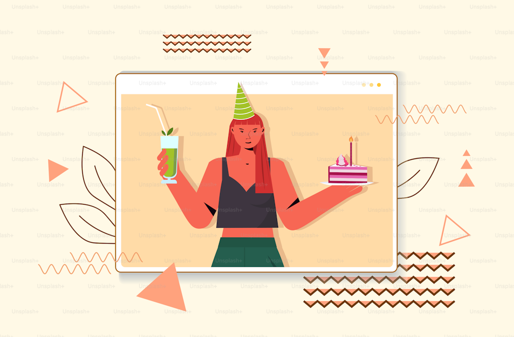 woman in festive hat celebrating online birthday party girl in computer window holding cocktail and cake celebration self isolation quarantine concept portrait horizontal vector illustration