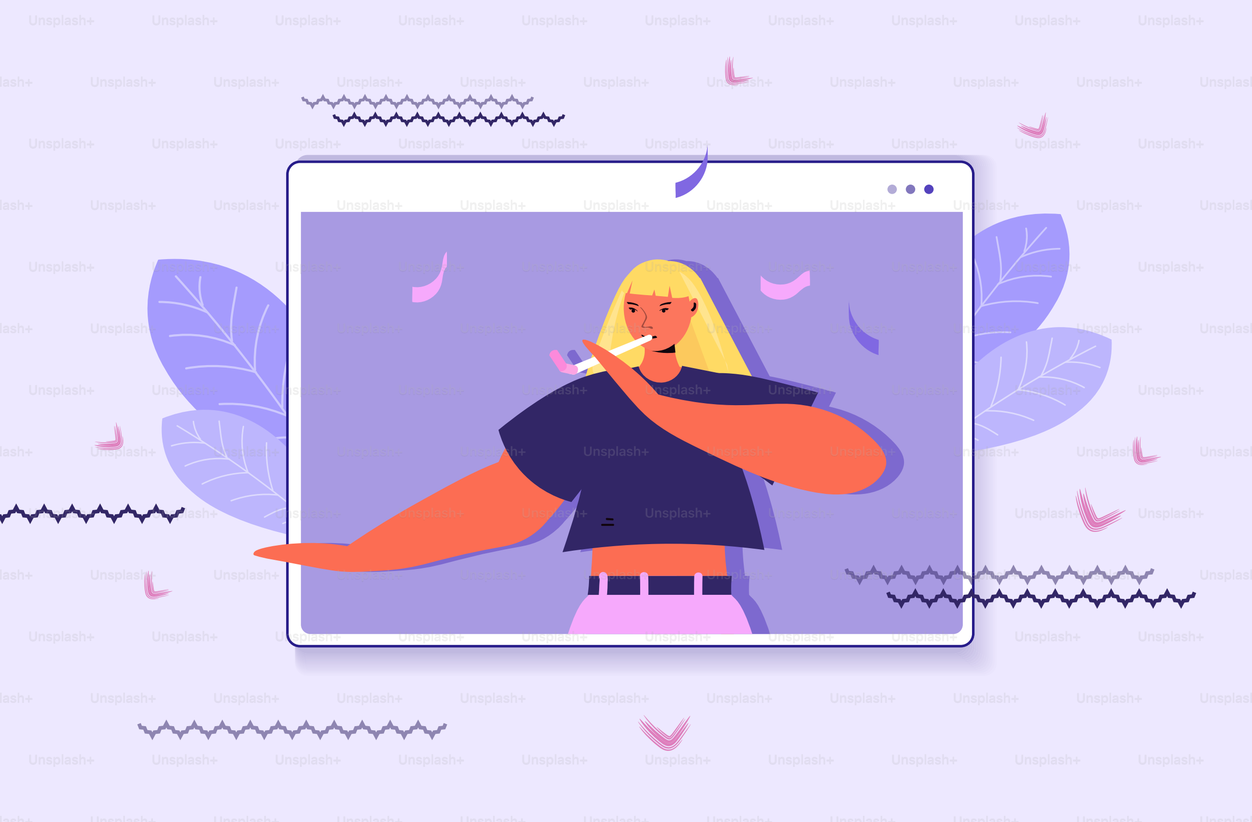 Una persona bionda che suona un corno da festa in una cornice digitale