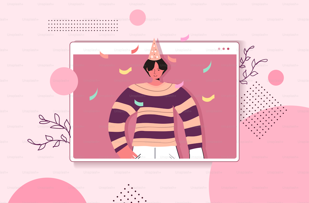 femme en chapeau festif célébrant en ligne fête d’anniversaire fille dans la fenêtre de l’ordinateur s’amusant célébration auto-isolement quarantaine concept portrait horizontal vectoriel illustration