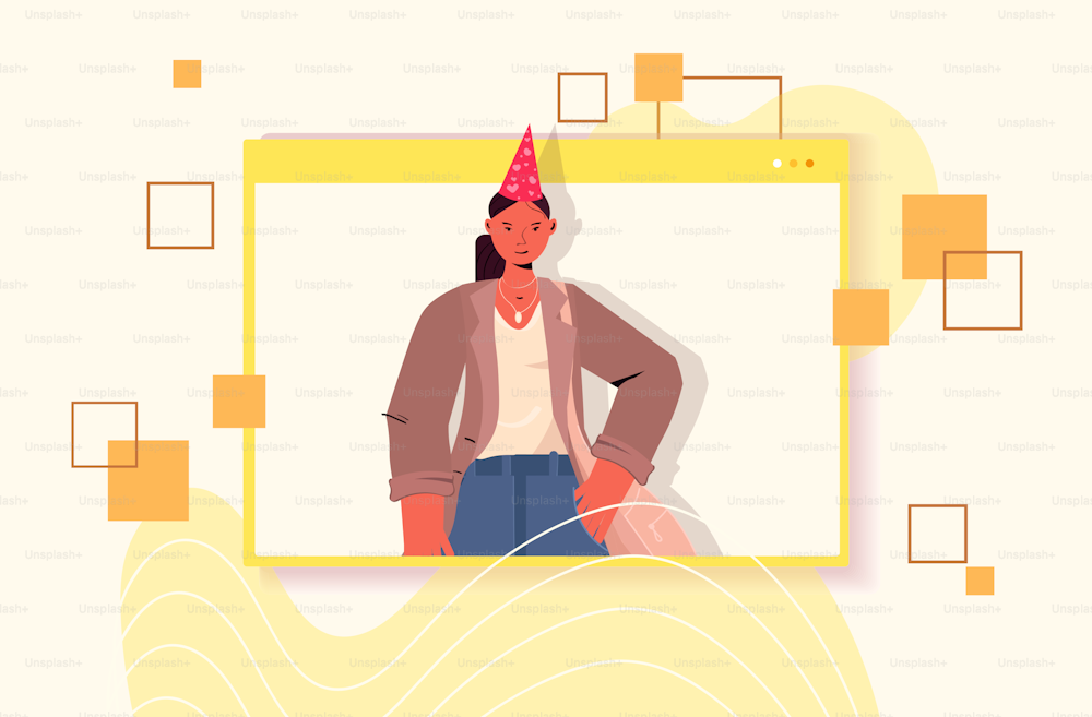 donna in festa festa festa di compleanno online ragazza in finestra del computer celebrazione autoisolamento concetto illustrazione vettoriale ritratto orizzontale