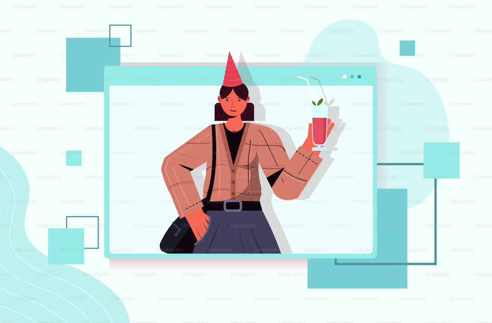 woman in festive hat celebrating online birthday party girl in computer window holding cocktail celebration self isolation quarantine concept portrait horizontal vector illustration
