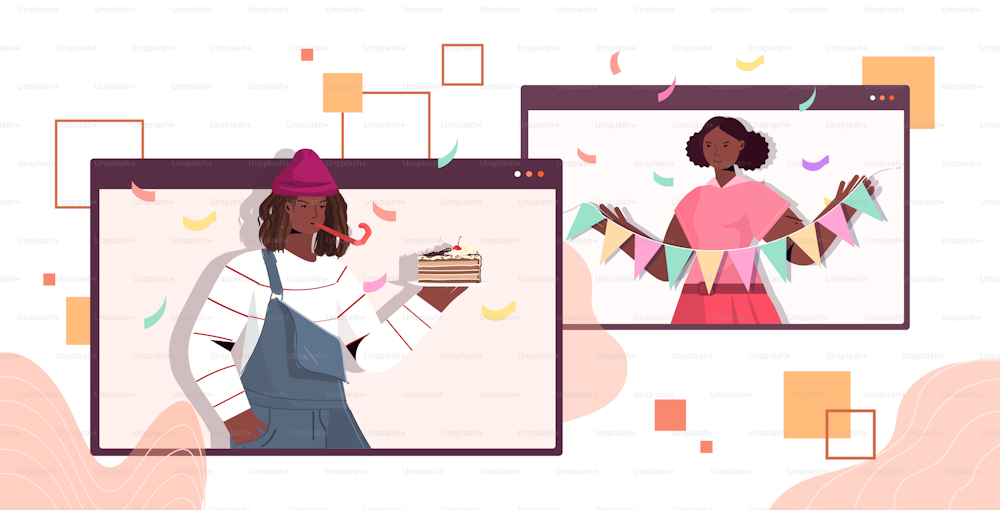 Mann Frau mit festlichen Hüten feiert Online-Geburtstagsfeier afroamerikanisches Paar in Computerfenstern Spaß feiern Feier Selbstisolation virtuelles Meeting-Konzept Porträt horizontale Vektorillustration