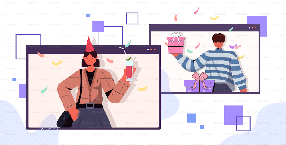 hombre mujer con sombreros festivos celebrando fiesta de cumpleaños en línea pareja en ventanas de computadora divirtiéndose celebración autoaislamiento reunión virtual concepto retrato horizontal vector ilustración
