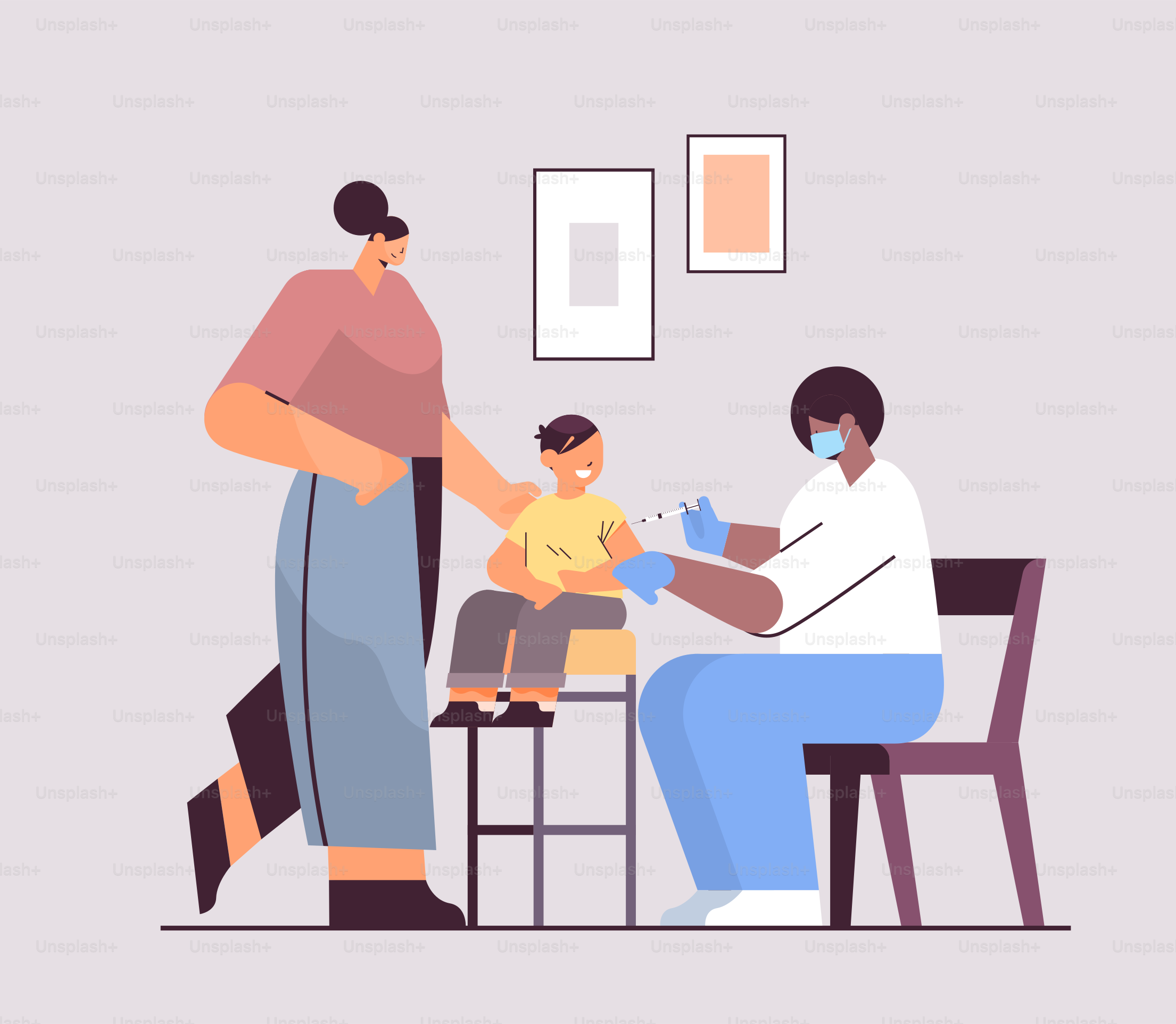 female doctor in mask vaccinating little child patient fight against coronavirus vaccine development concept full length vector illustration