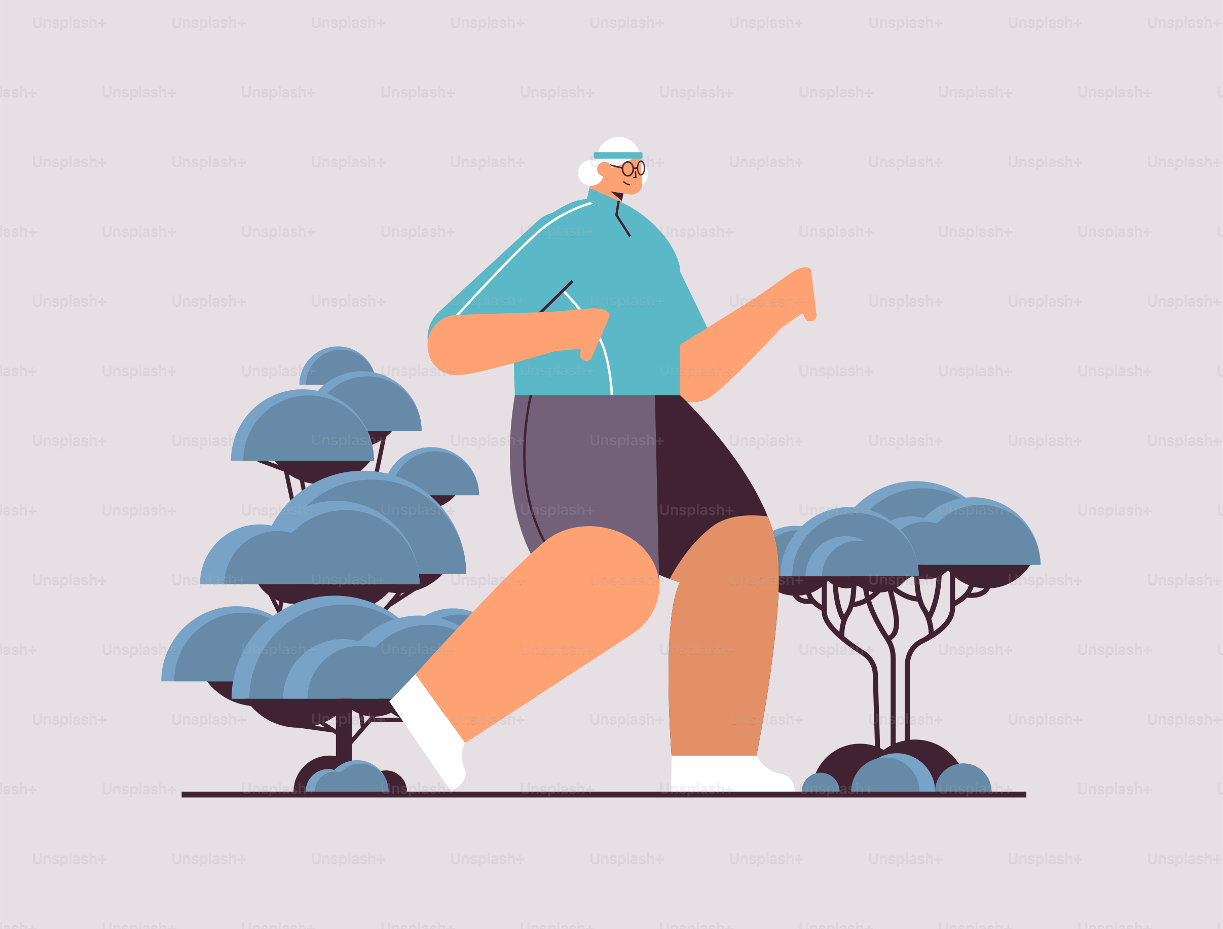 Alte Frau in Sportkleidung, Laufen, ältere Rentnerin, die körperliche Übungen im Freien macht Aktivität und Sport Fitness gesunder Lebensstil Konzept horizontale Vektorillustration in voller Länge