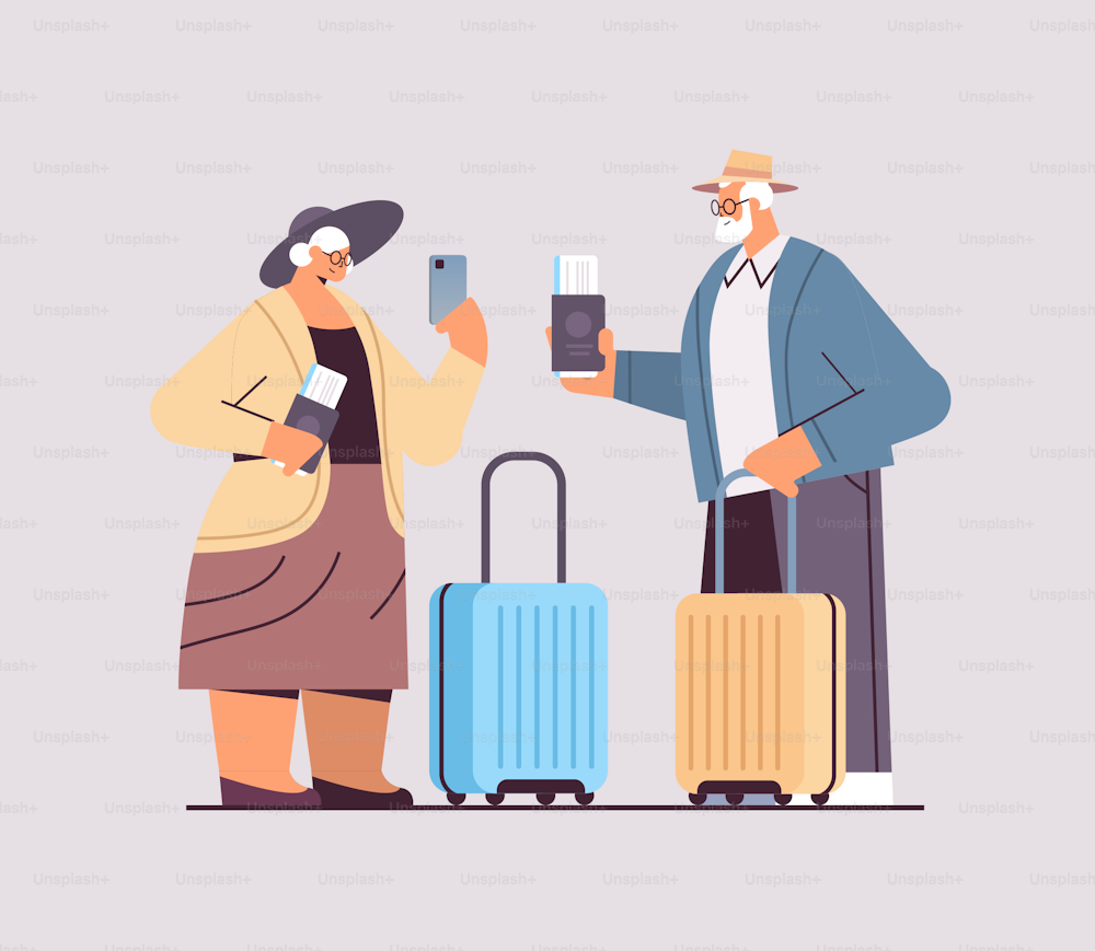 elderly couple of tourists grandparents with luggage passports and tickets ready to boarding at airport vacation traveling concept horizontal full length vector illustration