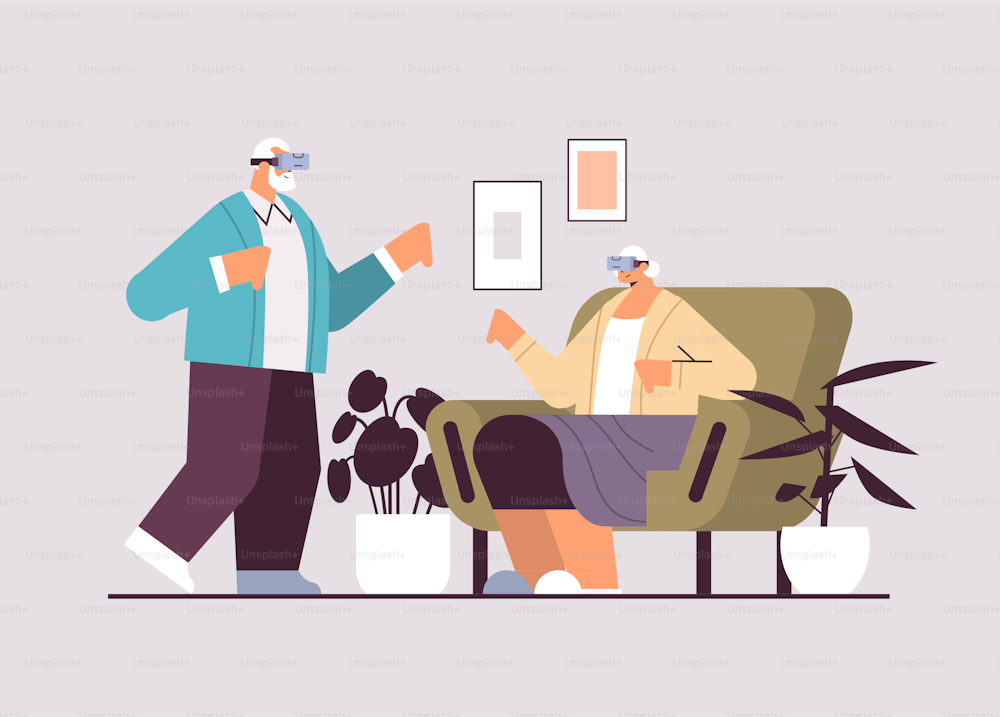 senior couple wearing vr headset grandparents in digital glasses exploring virtual reality interactive services active old age concept horizontal full length vector illustration