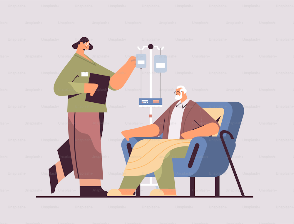 friendly female nurse or volunteer checking dripper of elderly man patient home care services healthcare and social support concept horizontal full length vector illustration