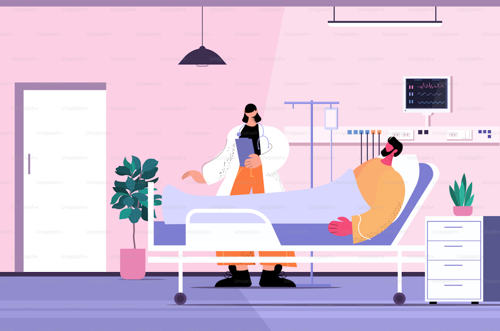 enfermera cuidando a un hombre enfermo paciente acostado en la cama del hospital concepto de servicio de atención sala clínica interior horizontal longitud completa ilustración vectorial