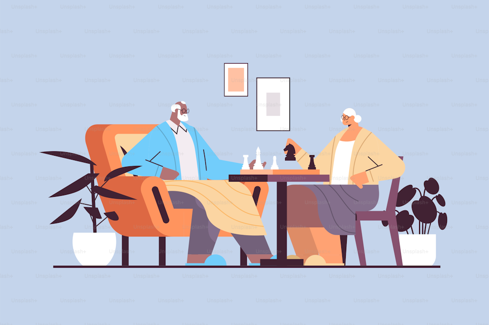 elderly couple playing chess senior man woman spending time together horizontal full length vector illustration