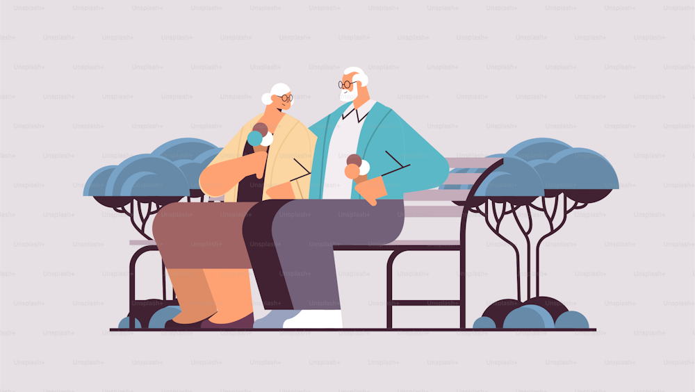 senior couple sitting on bench and eating ice cream happy grandparents spending time together in park horizontal full length vector illustration
