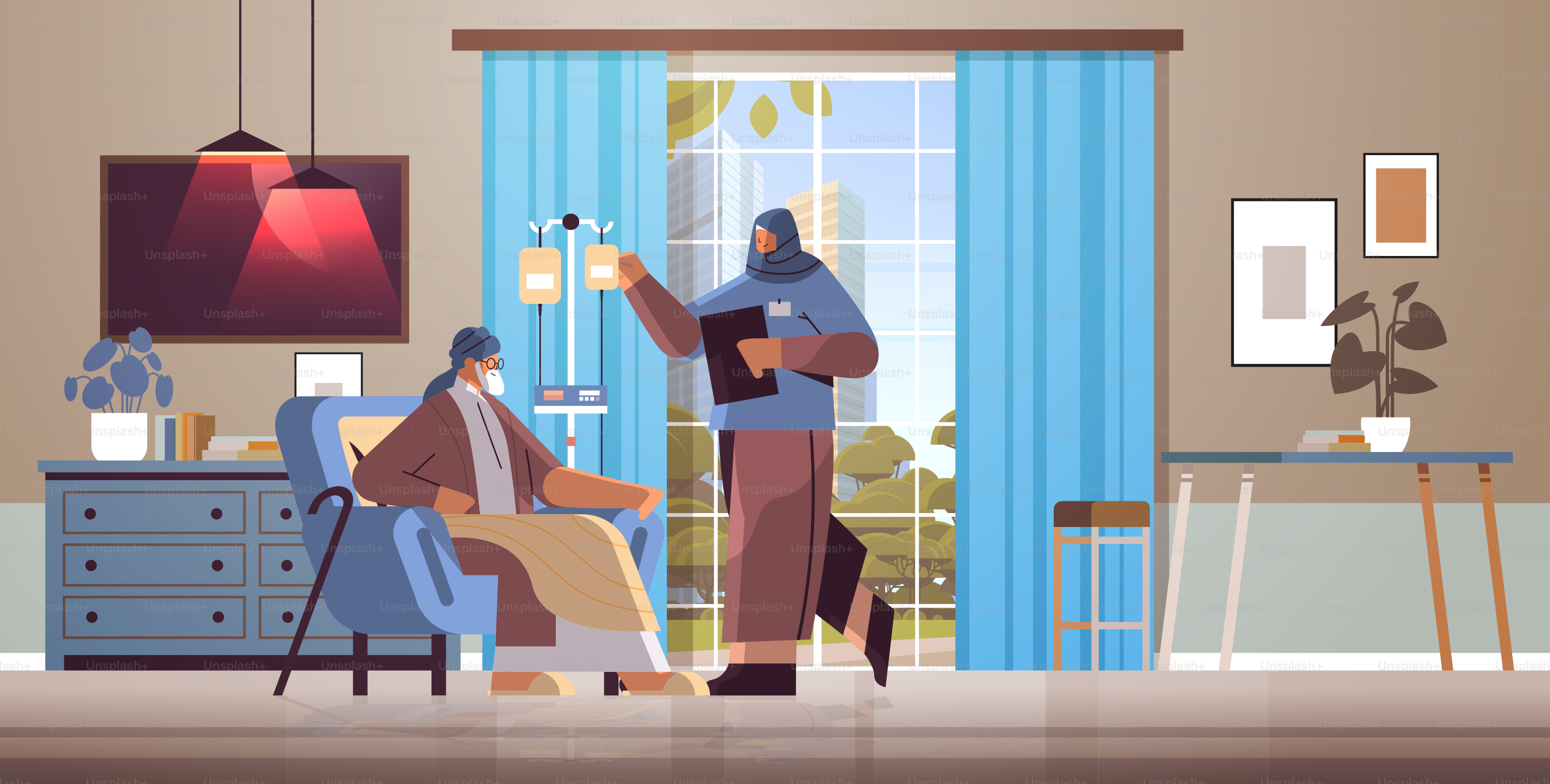 friendly arab nurse or volunteer checking dripper of elderly man patient home care services healthcare and social support concept nursing home interior horizontal full length vector illustration