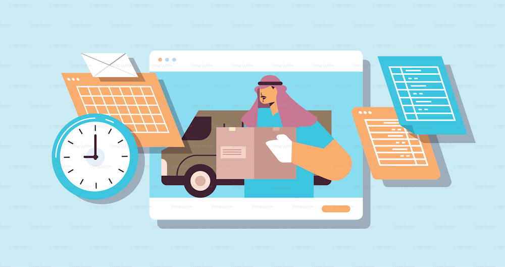 arab courier in mask and gloves holding cardboard box contactless delivery medical courier service concept horizontal portrait vector illustration