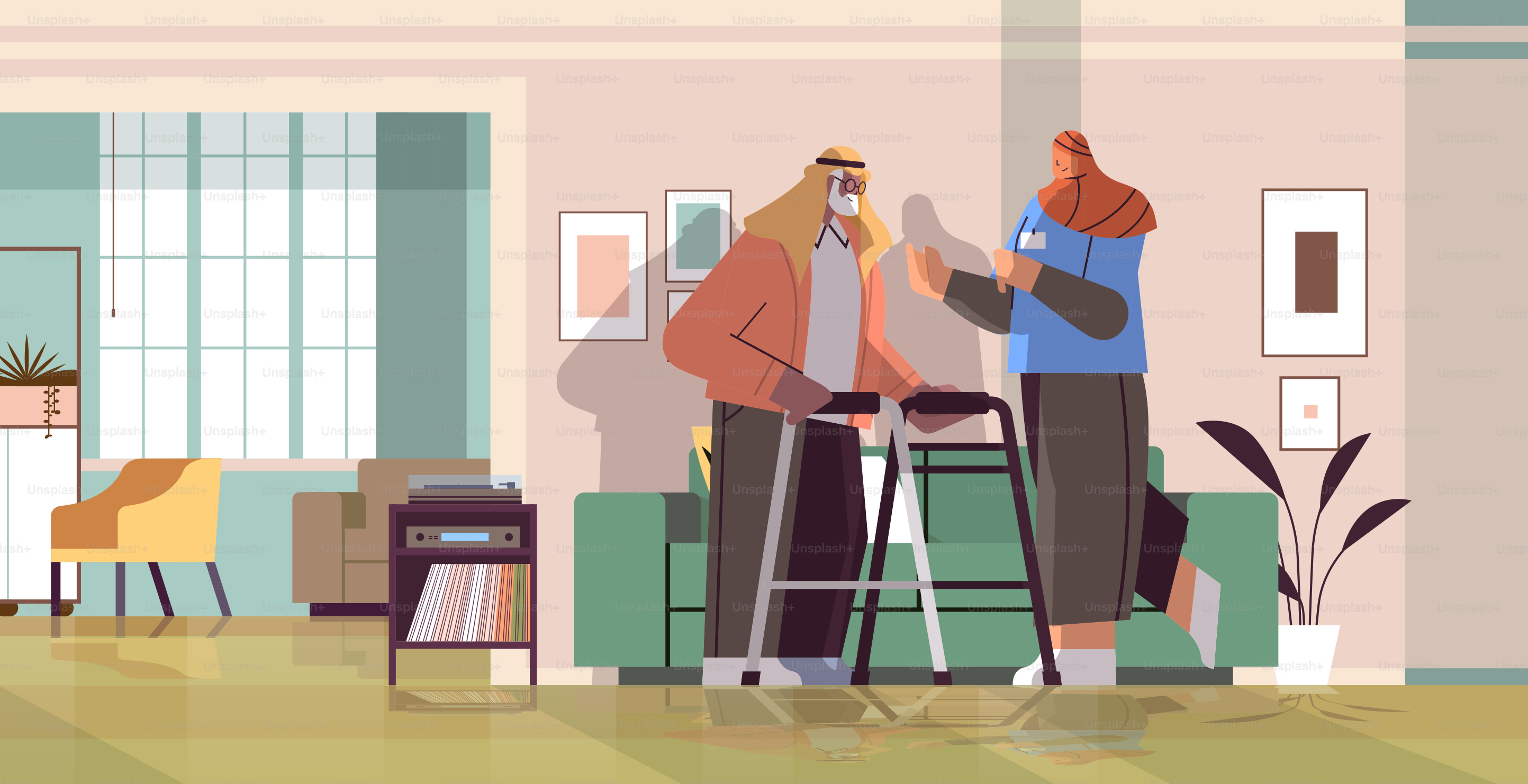 friendly nurse or volunteer supporting arab elderly man with walkers home care services healthcare and social support concept horizontal full length vector illustration