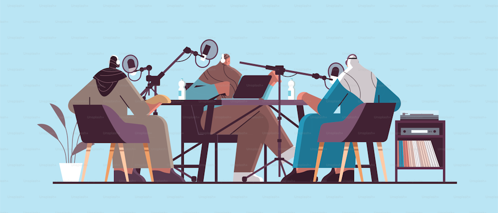 arab podcasters talking to microphones recording podcast in studio podcasting online radio broadcasting concept full length horizontal vector illustration