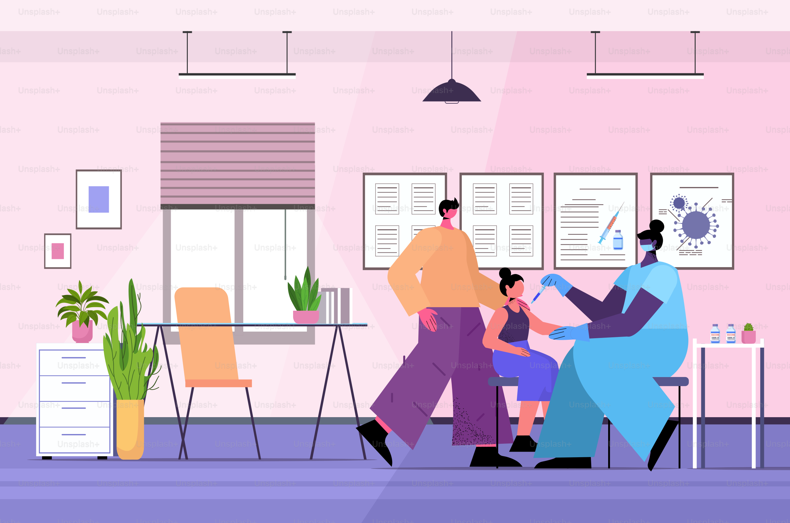 female doctor in mask vaccinating little child patient fight against coronavirus vaccine development concept horizontal full length vector illustration