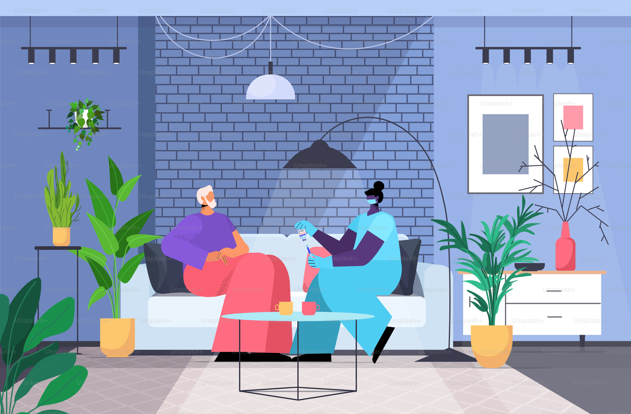 female doctor in mask vaccinating senior man patient fight against coronavirus vaccine development concept horizontal full length vector illustration