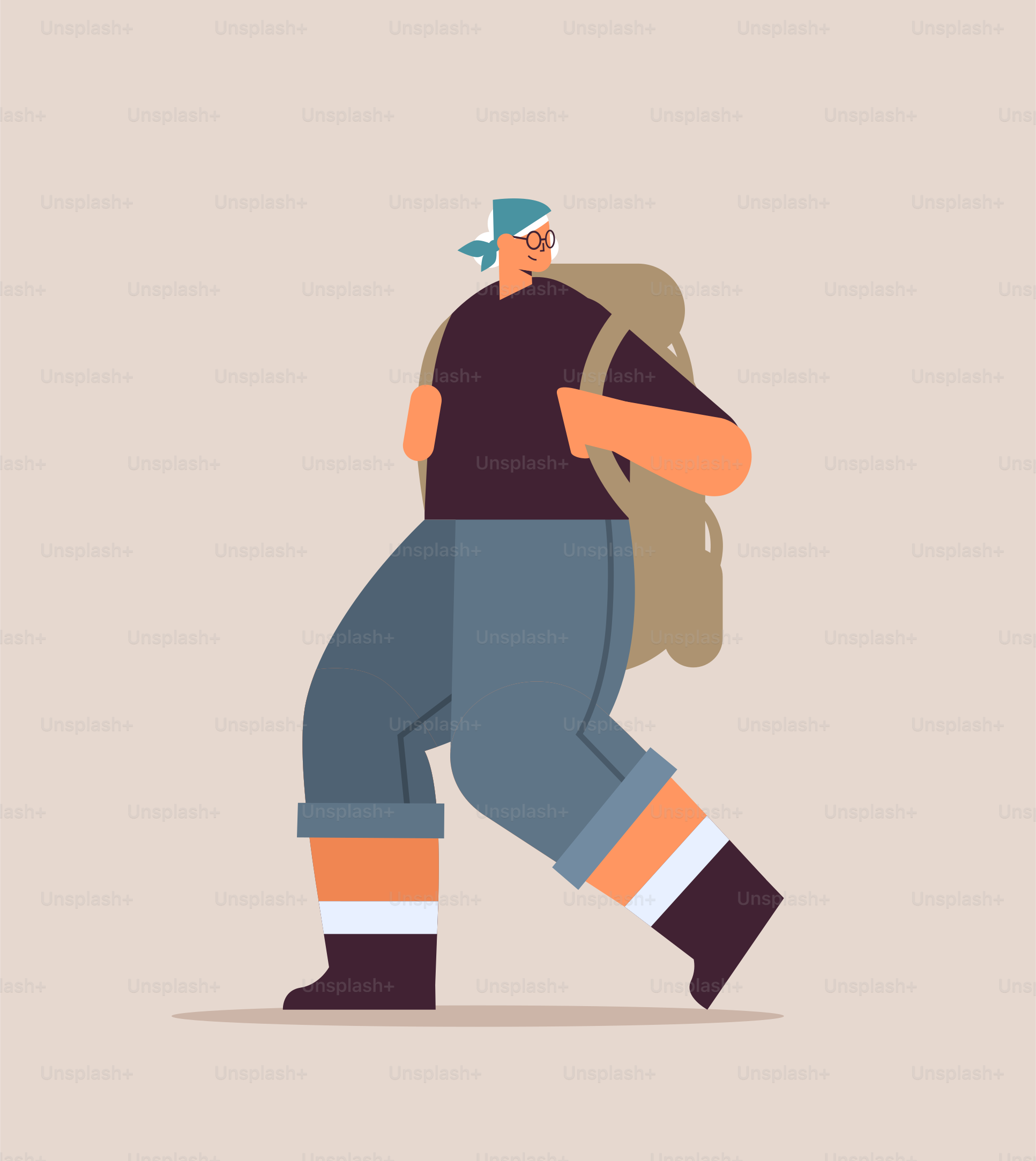 senior woman hiker traveling with backpack active old age physical activities concept full length vector illustration