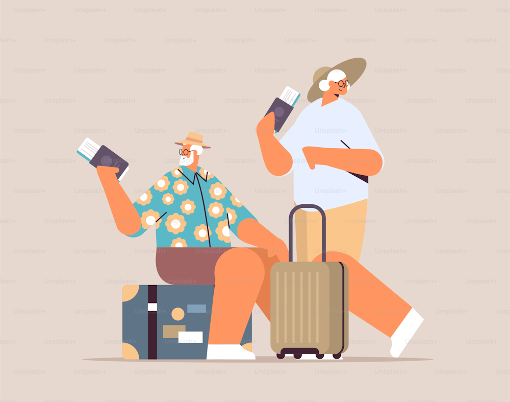 elderly couple of tourists grandparents with luggage holding passports and tickets ready to boarding at airport active old age summer vacation concept horizontal full length vector illustration